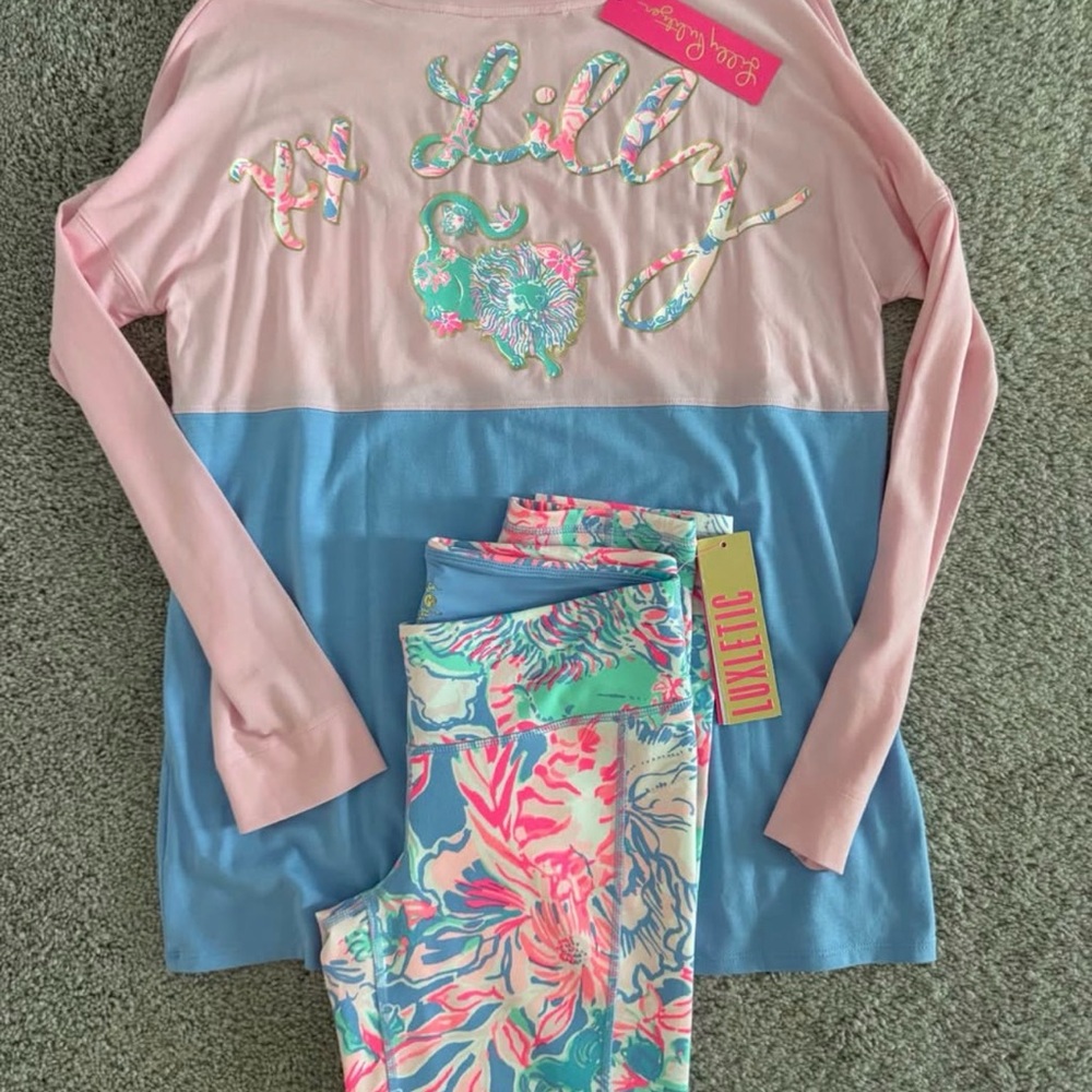 Lilly Pulitzer Pink and Blue Top with Vibrant Leggings